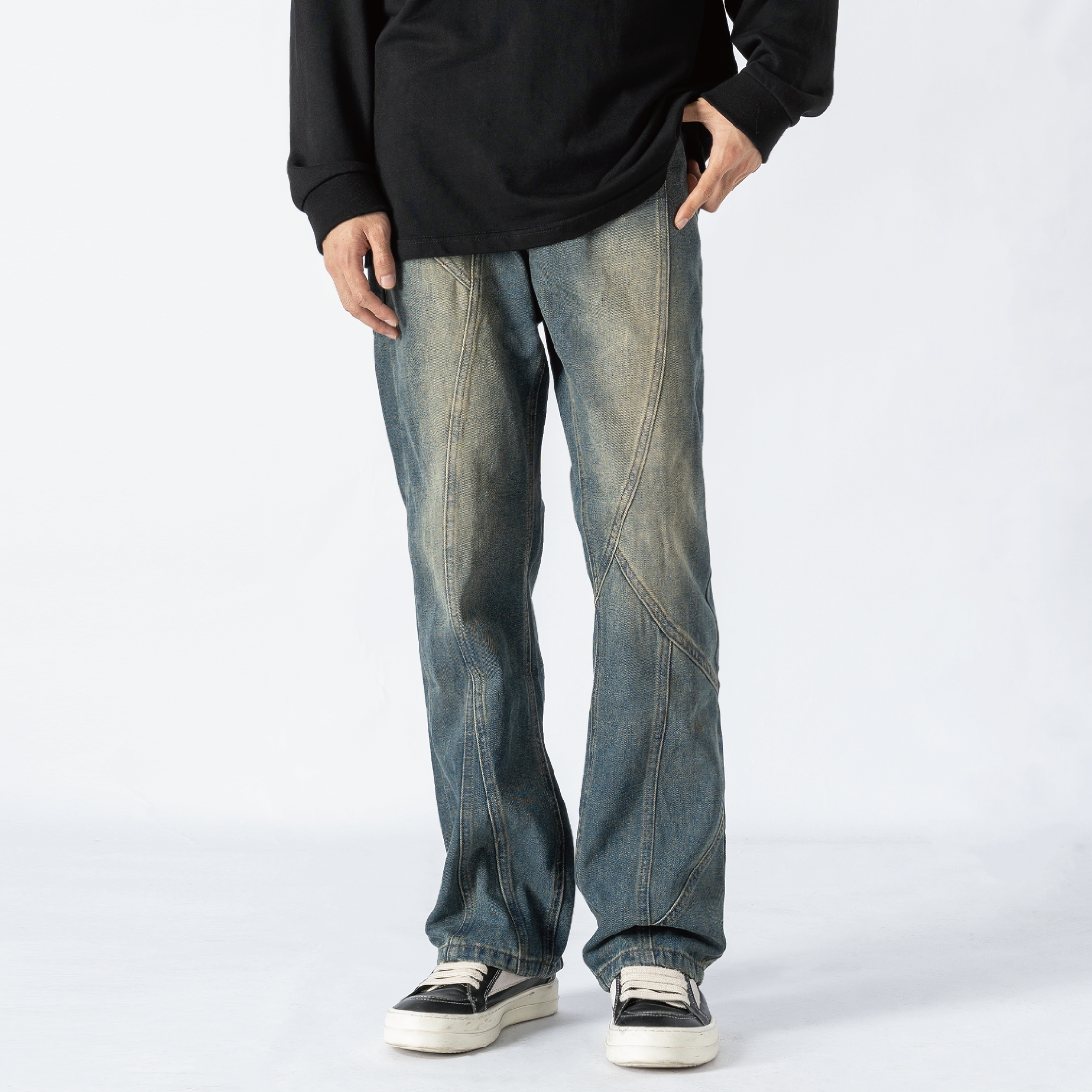 新因素潮牌微喇分割深蓝色牛仔裤男宽松直筒美式高街vibe直筒裤子