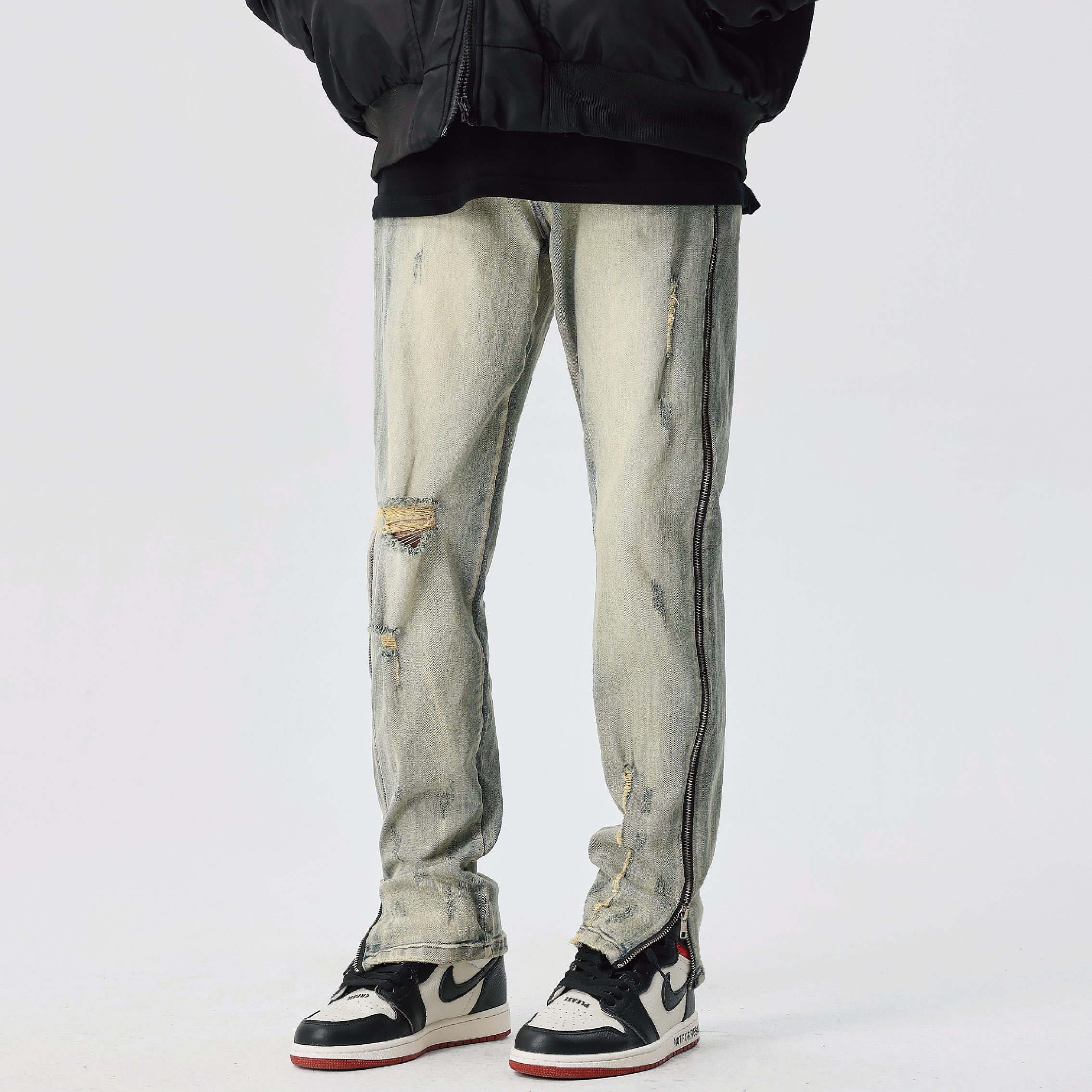 新因素侧边拉链显瘦破洞牛仔裤潮