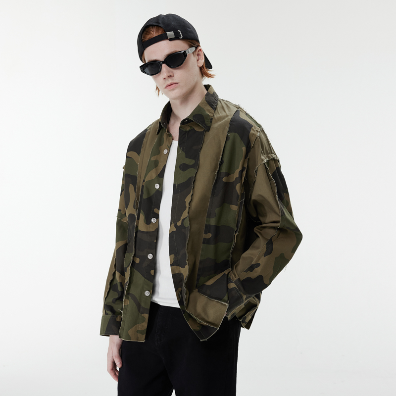 新因素美式迷彩拼接撞色长袖衬衫