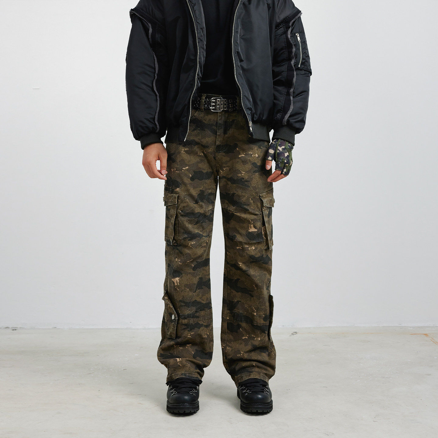 新因素美式复古迷彩多口袋牛仔裤男嘻哈宽松直筒设计感工装裤子潮