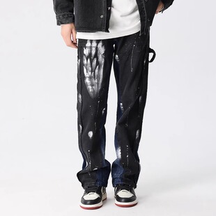 新因素宽松直筒高街泼墨牛仔裤男李岱昆同款潮流美式炸街黑色裤子