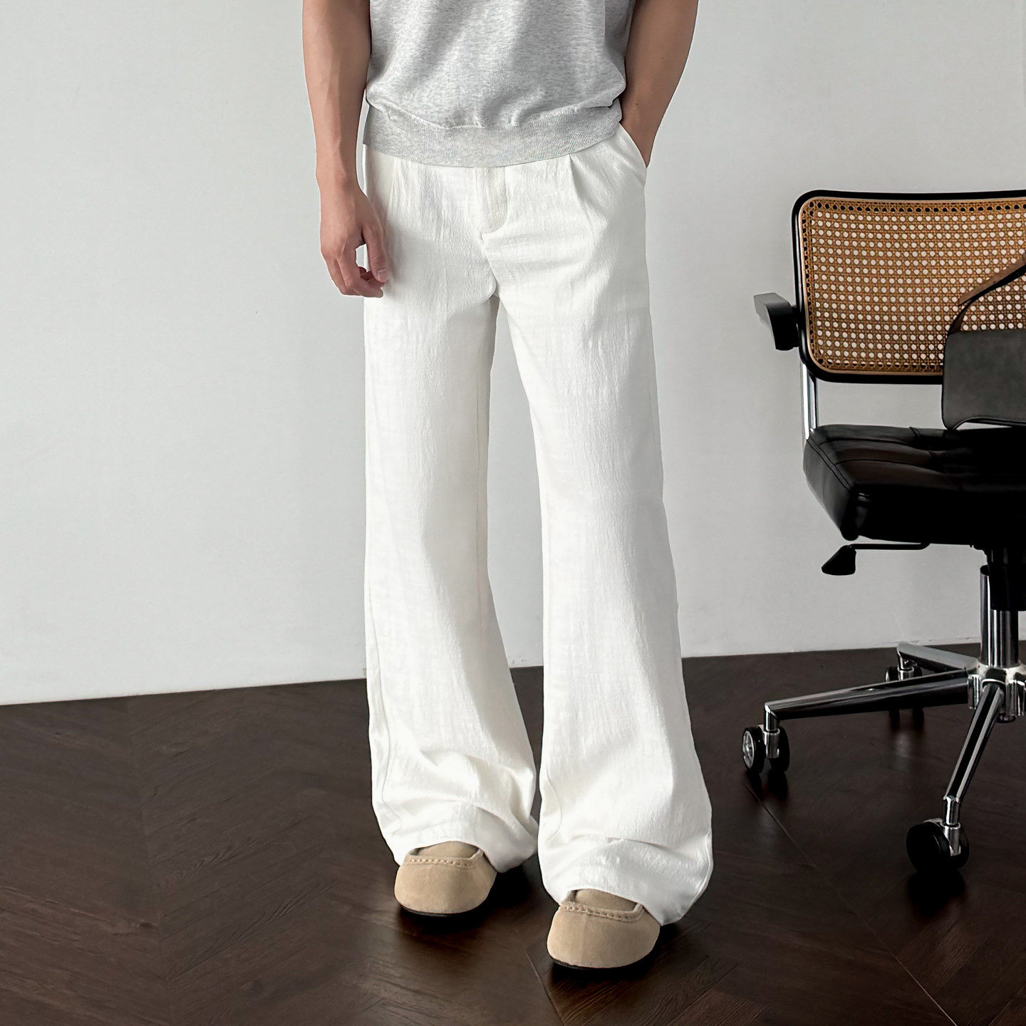 新因素高级感奢华高定亚麻西裤男老钱风白色宽松直筒垂感休闲裤子
