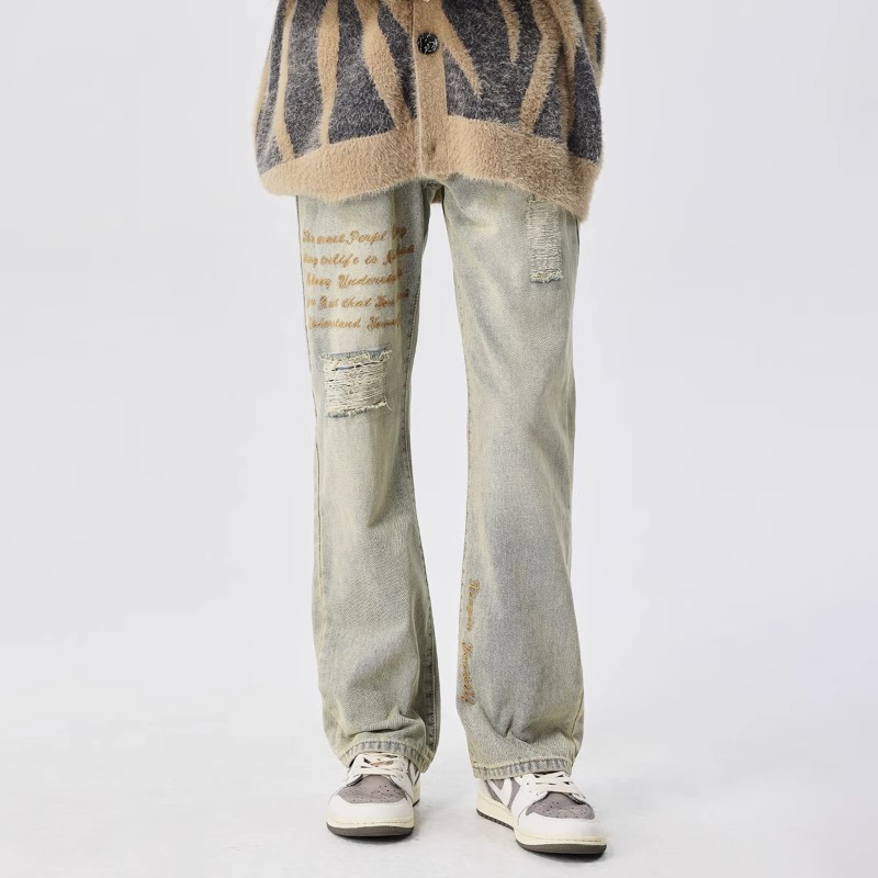 新因素字母刺绣破洞补丁牛仔裤