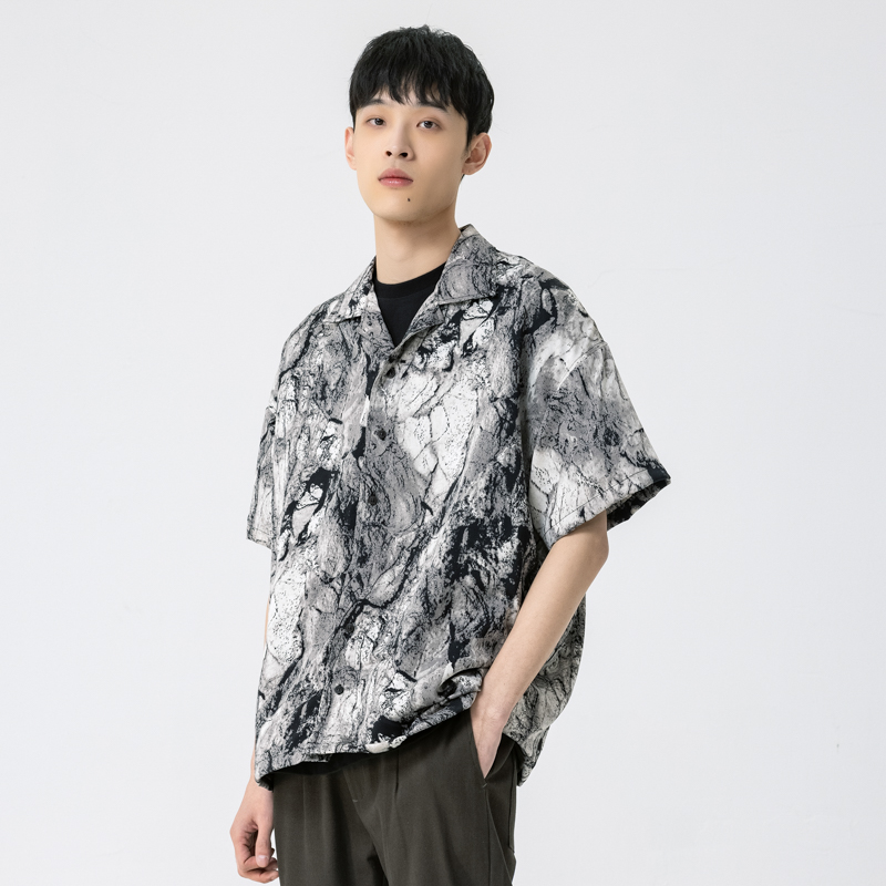 新因素美式古巴领宽松花衬衫男