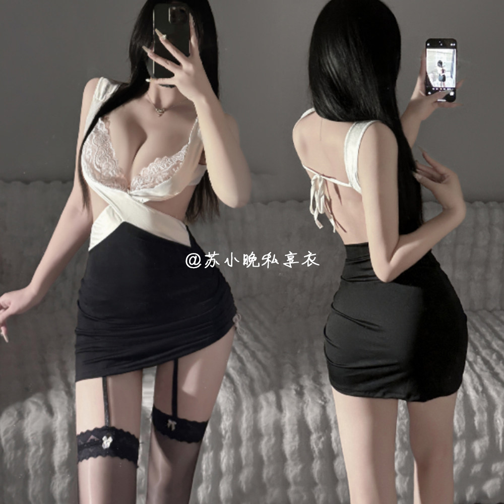 苏小晚 磨人小秘书~性感深V交叉镂空秘书装蕾丝夜店连衣裙包臀裙