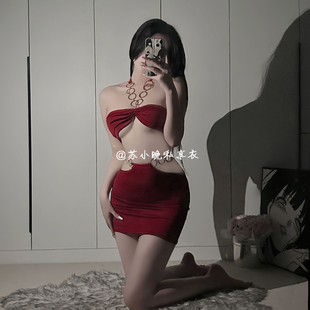 苏小晚 新款性感挂脖金属环露背抹胸超短包臀裙套装夜店女王制服