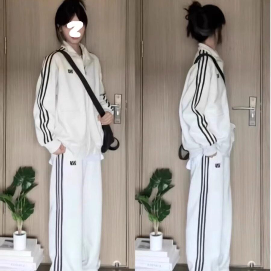 美式休闲运动套装女春秋学生宽松街头三杠条纹立领卫衣长裤两件套