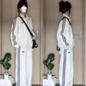 两件套 女春秋学生宽松街头三杠条纹立领卫衣长裤 美式 休闲运动套装