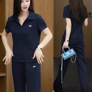 T恤阔腿裤 休闲运动套装 洋气显瘦Polo领短袖 女2025夏季 两件套 新款