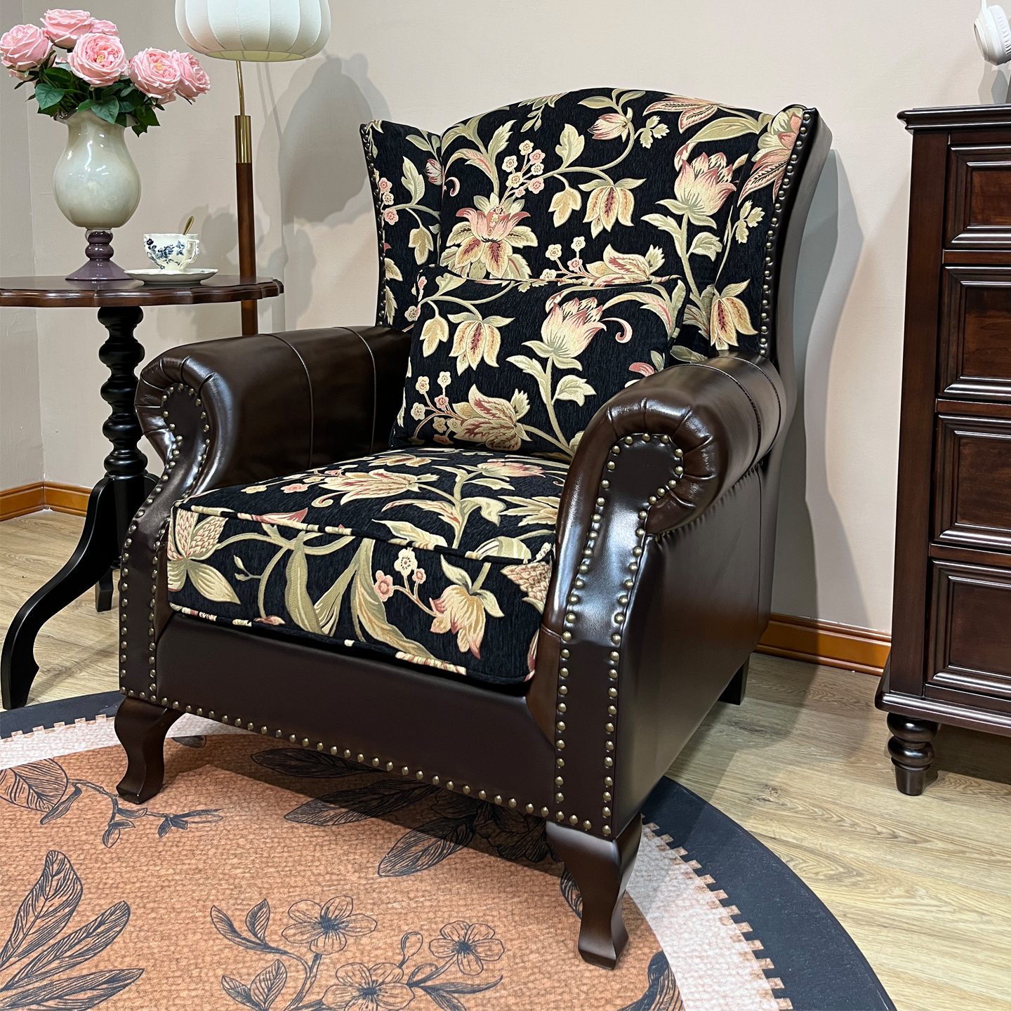 华丹妮美式老虎椅繁花真皮单人沙发客厅卧室高靠背阳台懒人休闲椅