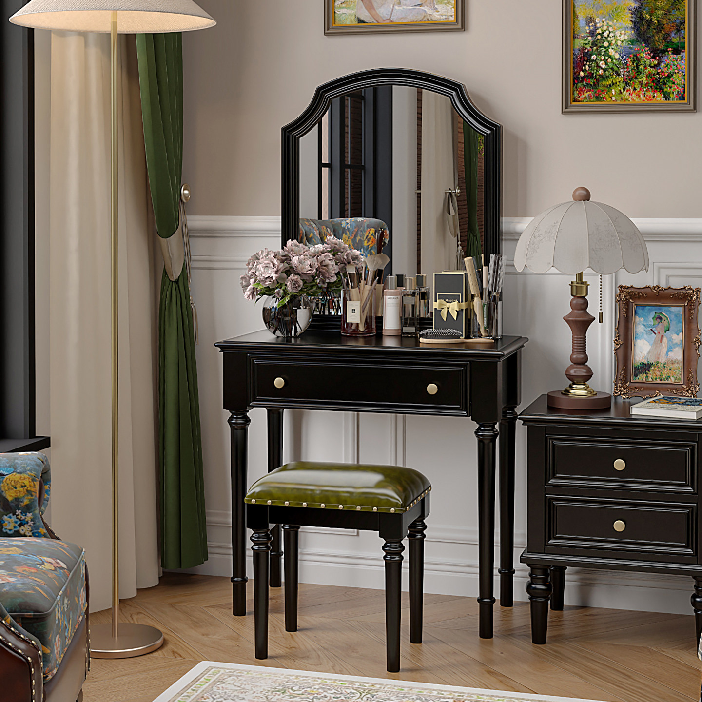 美式纯实木梳妆台小户型法式复古卧室化妆桌0.8米带镜子妆凳组合