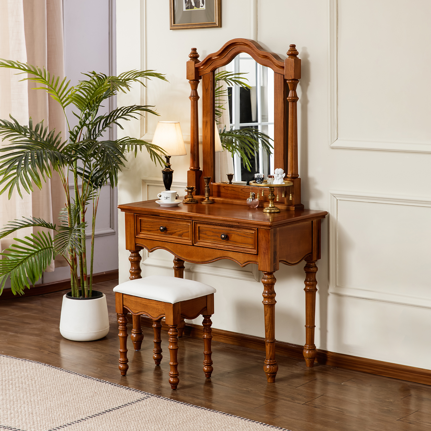 美式全实木梳妆台白蜡木化妆台