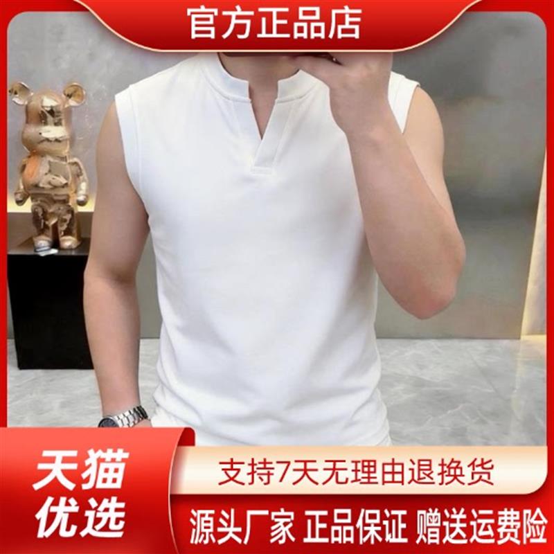 几禾轻奢时尚简约男士夏季风透气无袖V领背心T恤运动健身上衣1179