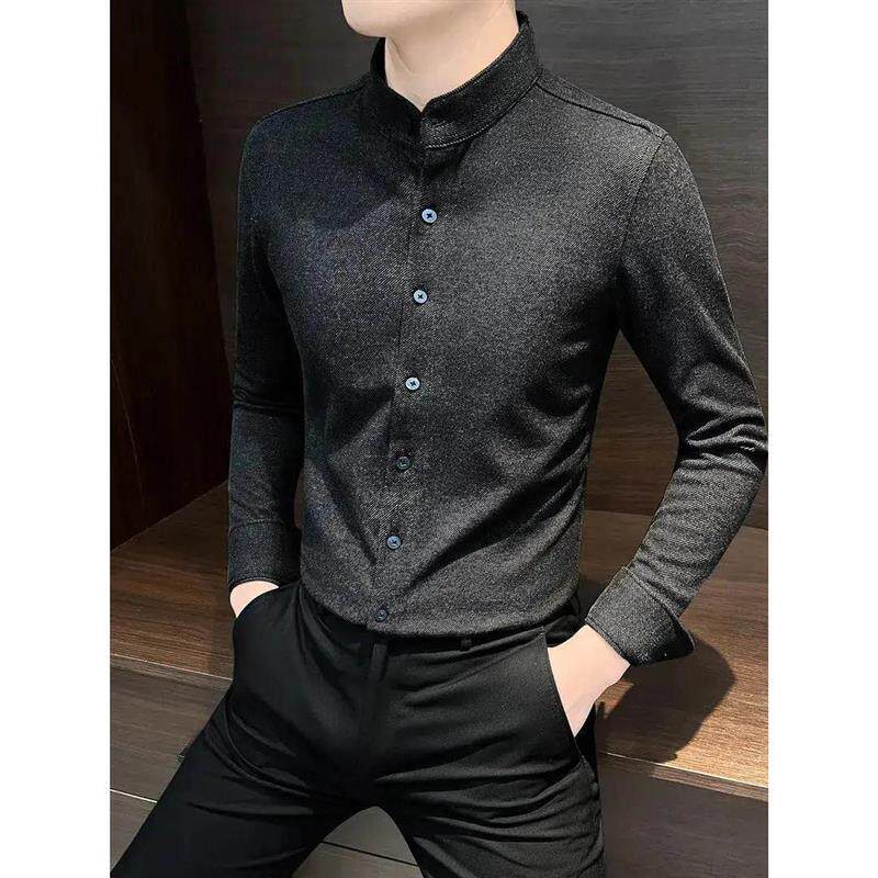 凯登鹿轻奢新款加绒立领磨毛长袖衬衫男款休闲冬季保暖男士衬衣