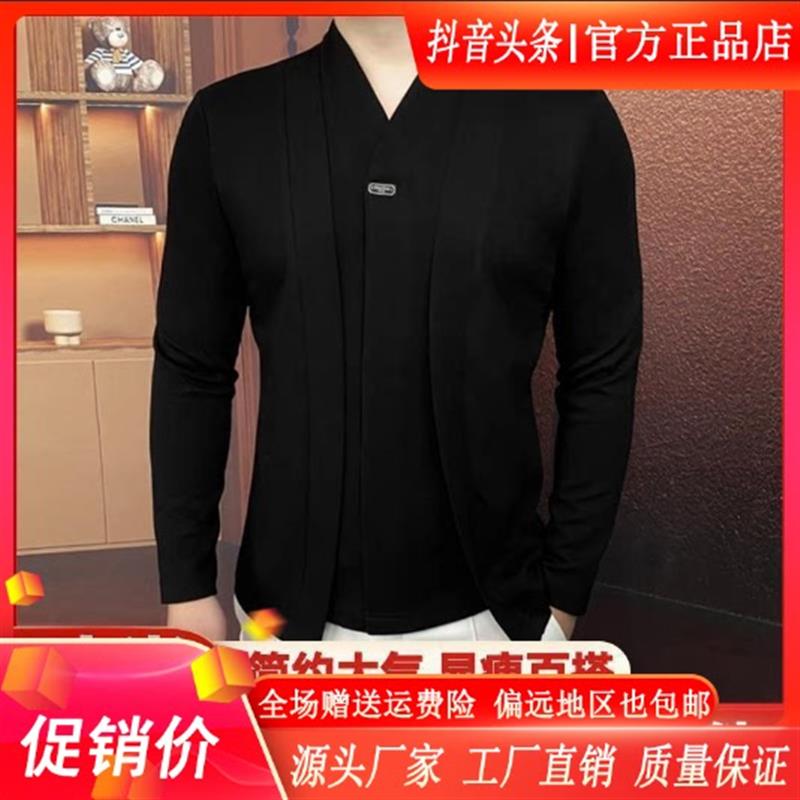 FZ轻奢服饰男装2026新款轻奢V领假两件上衣高品质假两件黑色卫衣
