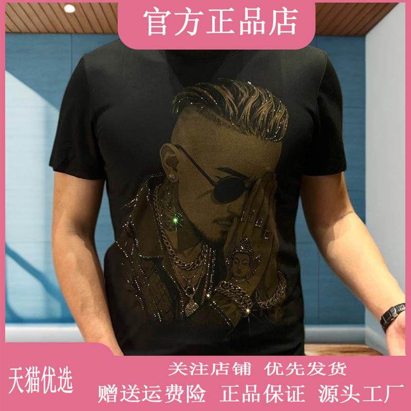 特琪轻奢服饰Amphelisia/2026烫钻印花男人头男士短袖T恤夏季修身