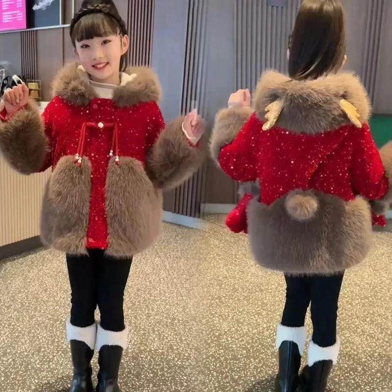 胜源严选女童冬装加绒外套冬季儿童洋气I拜S年服加厚鹿角亮片外套