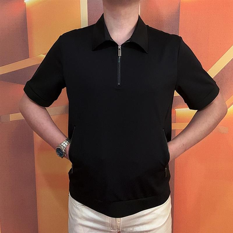 九嘉轻奢夏季新款轻奢男士高品拉链翻领l拉链口袋短袖