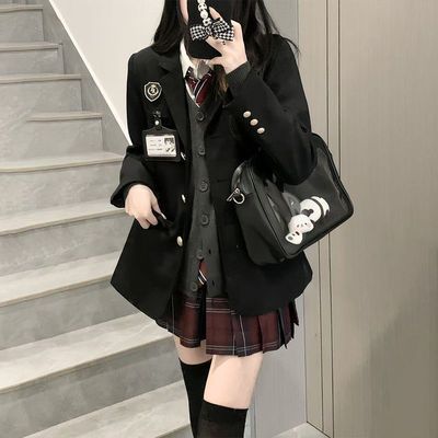 原创jk制服套装女秋冬款正版学院风校供格裙子针织开衫叠穿一整套