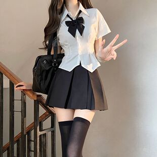 jk收腰衬衫白色弹力显瘦内搭衬衫小个子纯欲辣妹风百褶裙jk套装女
