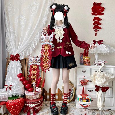 原创正版水手服jk制服女新年圣诞元旦龙年幼稚园战袍加厚套装大码
