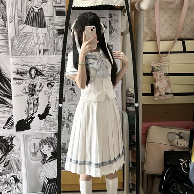 lulucake小栀收腰jk制服水手服夏季日系套装白色学院风短袖套装女