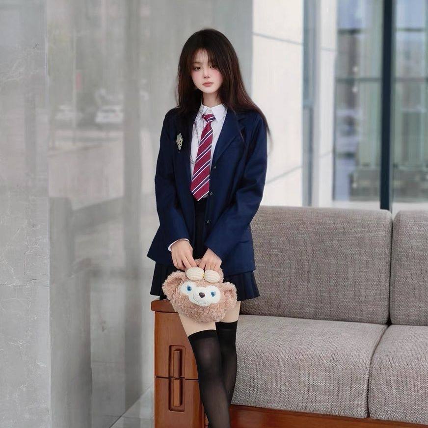 宇宙光环原创jk制服西装外套纯色百褶裙套装七件套黑色绀色全套