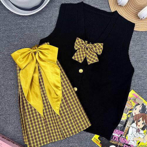妙氏优品原创JK制服玫红背心小梅格裙套装秋季穿搭学院风女开学季