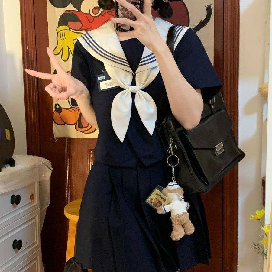 日系大码制服甜美正版原创jk制服蓝三本海军长袖短袖夏季水手服