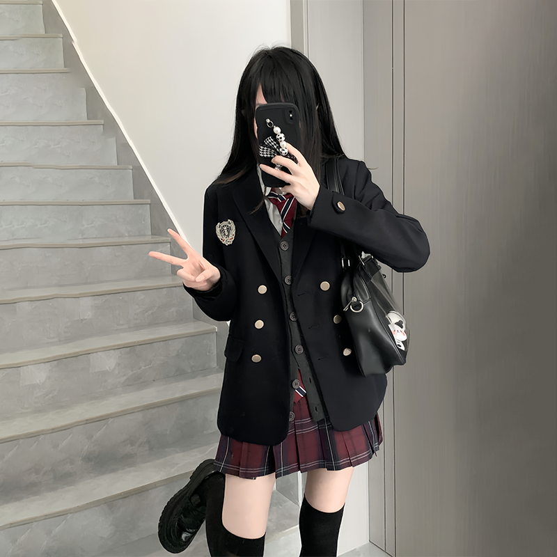 学院风jk制服西服套装女秋冬季正版原创校供百褶裙子开衫西服整套