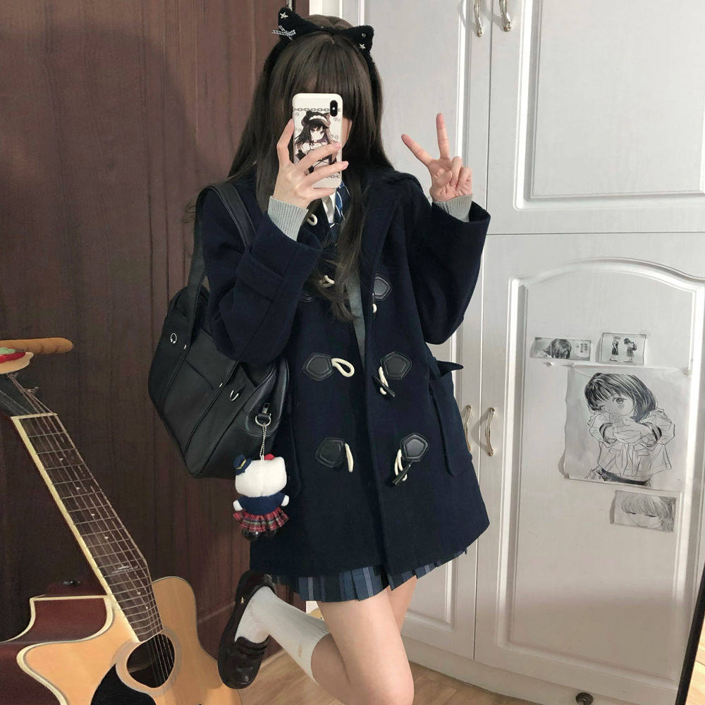 空栗鼠丸【凛冬】毛呢大衣冬学院风jk制服短款牛角扣大衣jk外套女