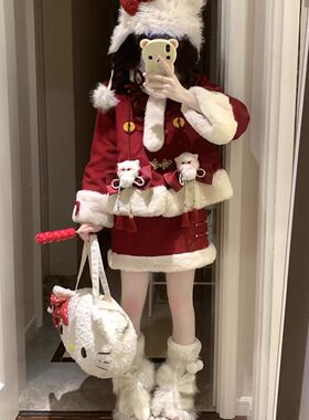 新年战袍套装红色毛呢套装冬季lolita裙子加外套jk加绒新年猫lo