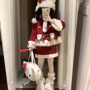新年战袍套装红色毛呢套装冬季lolita裙子加外套jk加绒新年猫lo
