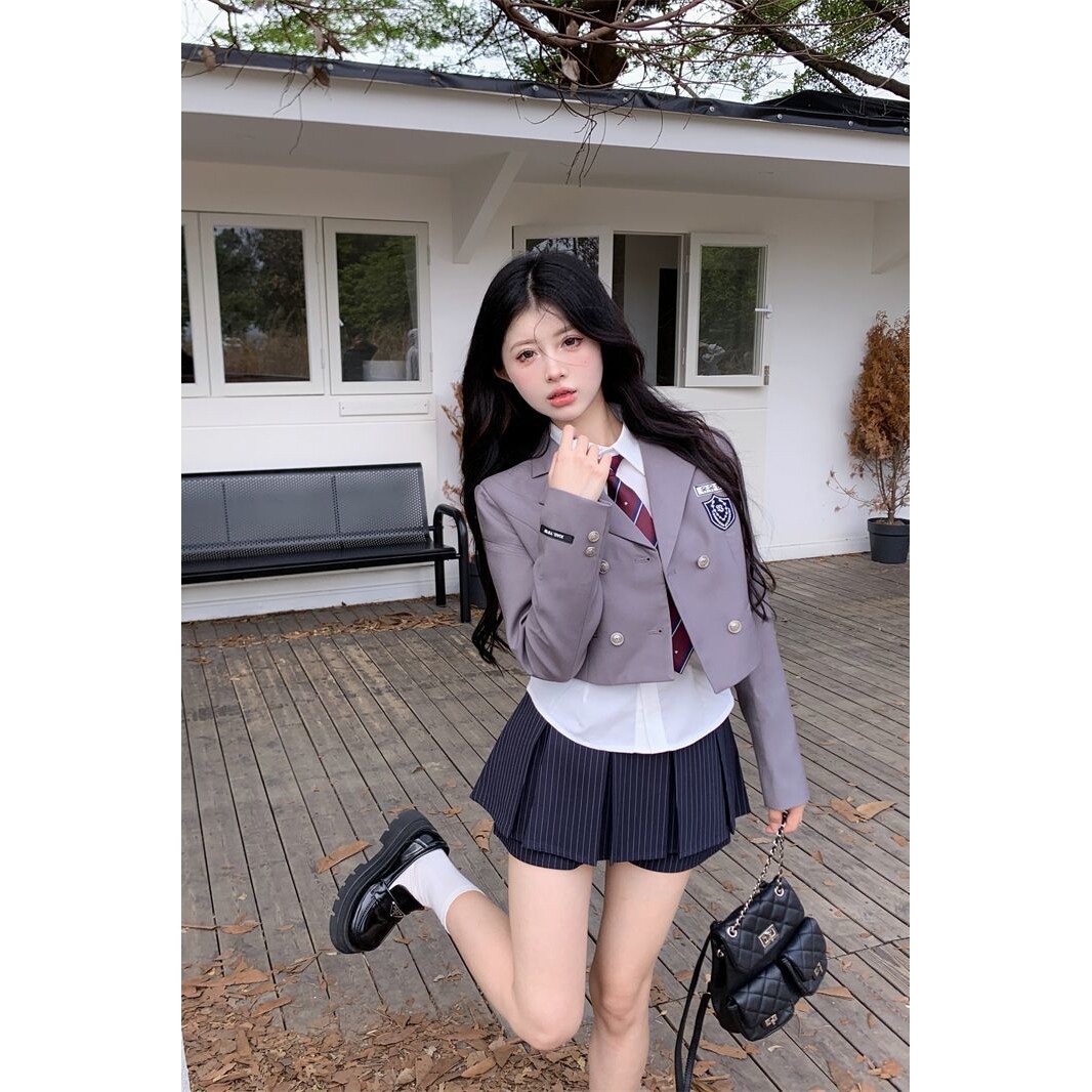 2025秋冬辣妹韩系女高学院风套装JK制服短款修身西装纯欲半身裙女