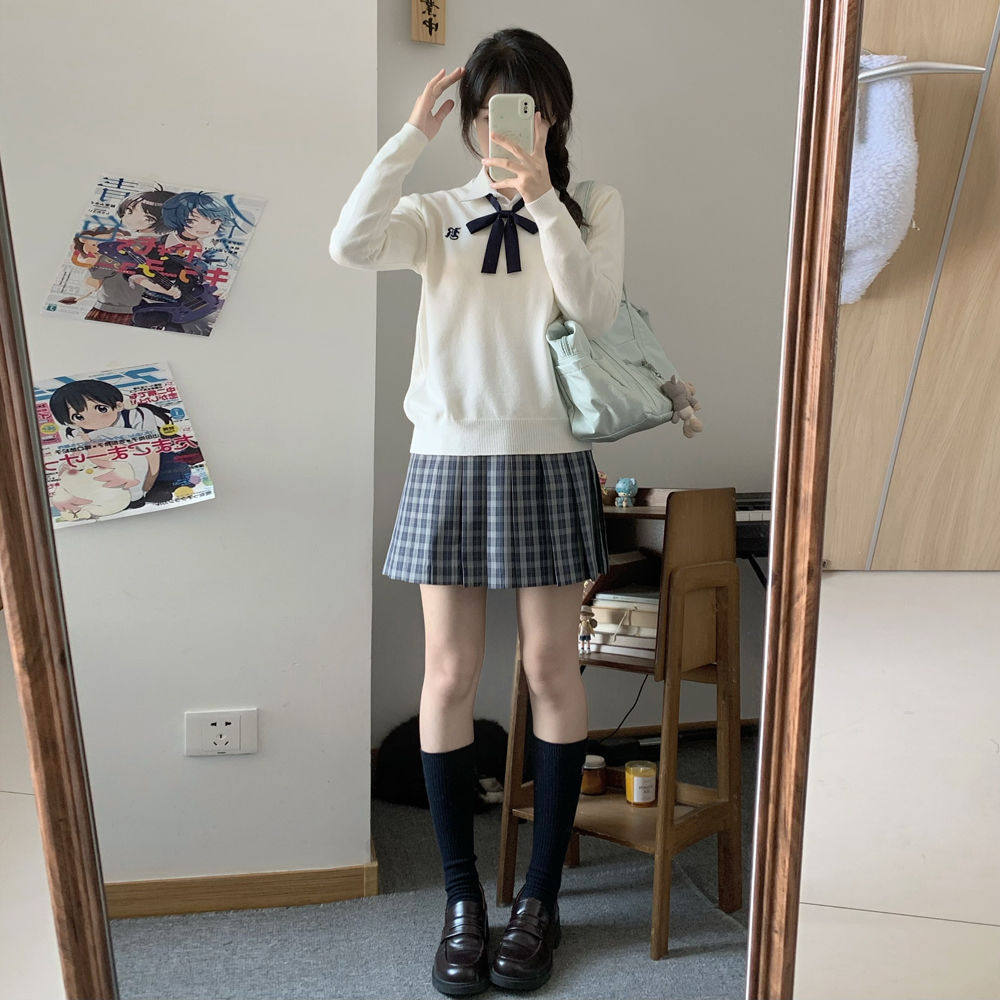 空栗鼠丸藤野中原创V领套头长袖毛衣学院风针织衫秋冬jk格裙套装