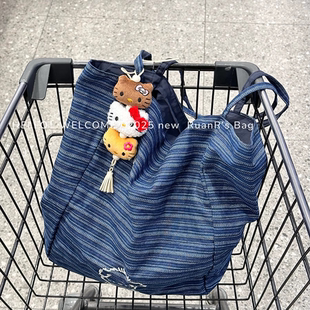 韩系百搭大容量帆布托特包单肩包女条纹休闲 AB两面背 软软 包