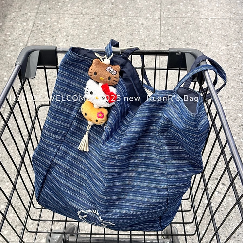 软软的包 AB两面背！韩系百搭大容量帆布托特包单肩包女条纹休闲