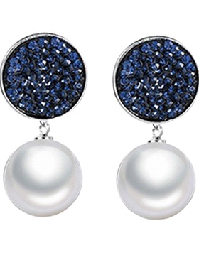 日韩个性简约蓝色圆形水钻气质珍珠几何耳钉女复古耳环ins潮耳饰