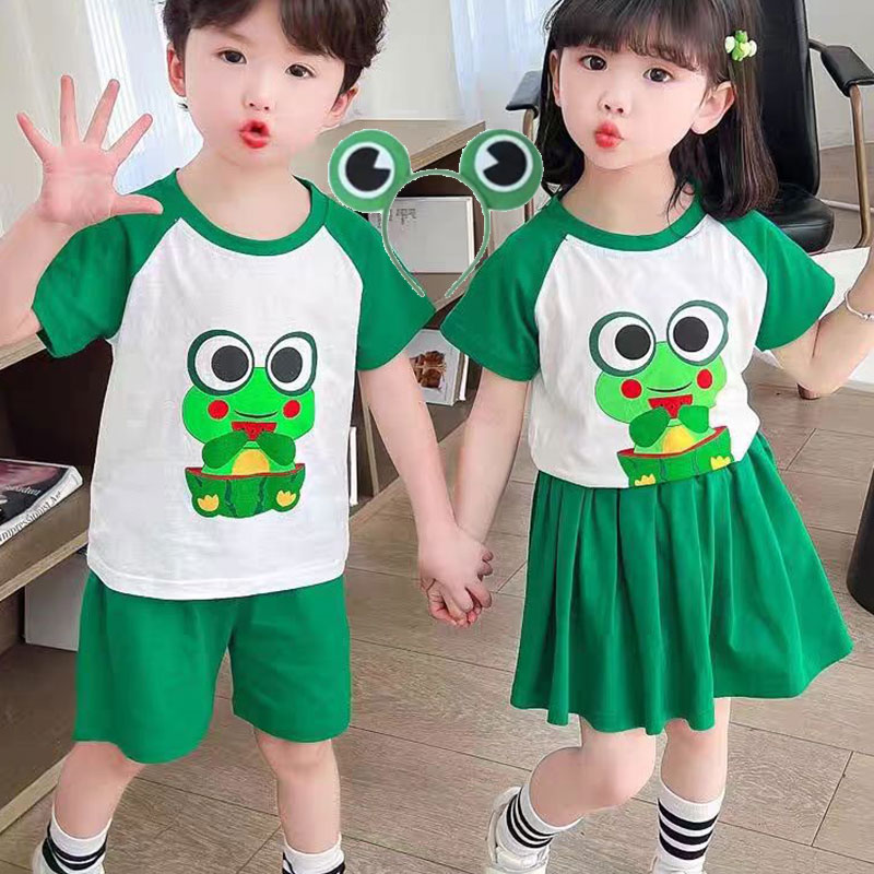儿童短袖套装夏季薄款洋气男女宝宝兄妹装夏款卡通青蛙T恤运动裤
