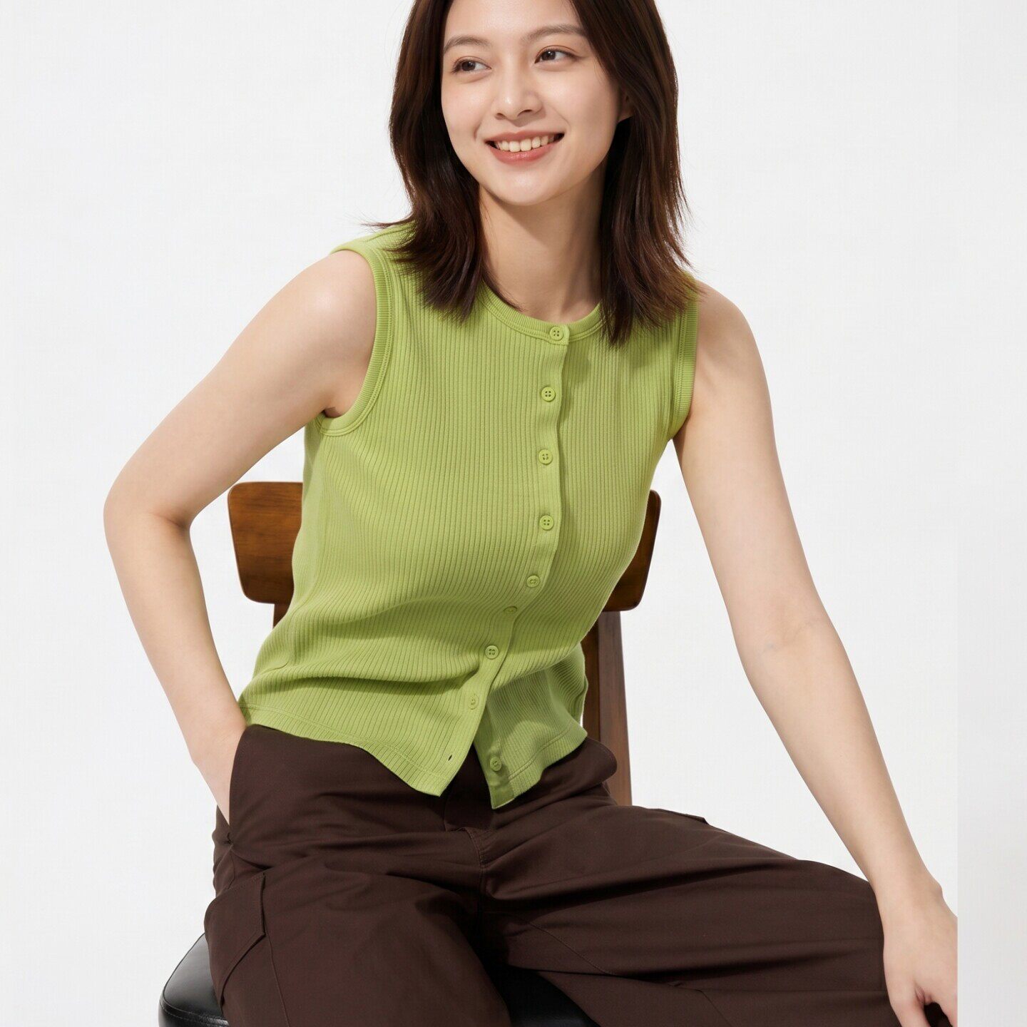 女士修身显瘦内搭无袖t恤夏季针织螺纹小背心外穿上衣纽扣打底衫