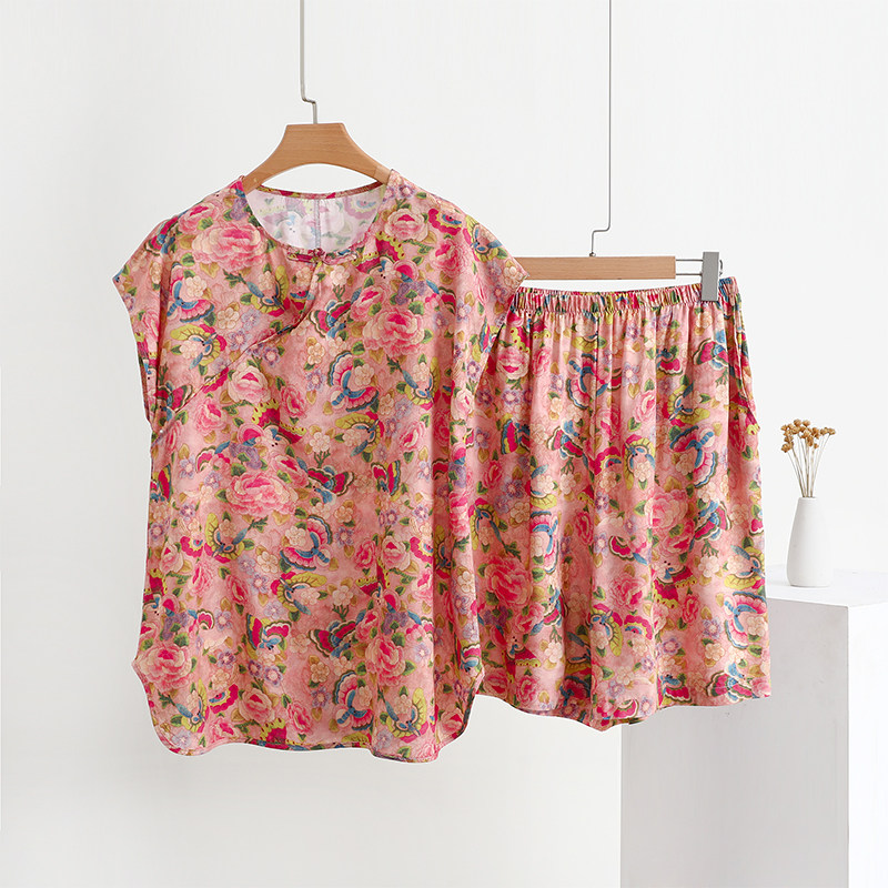 国风T恤短裤套装女夏季绵绸大码新中式无袖上衣睡衣睡裤两件套薄