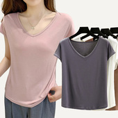 莫代尔无袖 内搭休闲上衣 t恤外穿薄款 背心女夏大码 宽松V领打底短袖