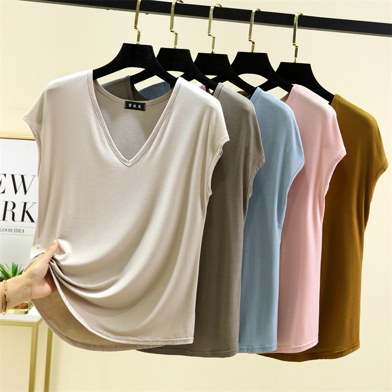 夏季莫代尔百搭背心女薄款纯色宽松内搭V领短袖T恤上衣外穿打底衫