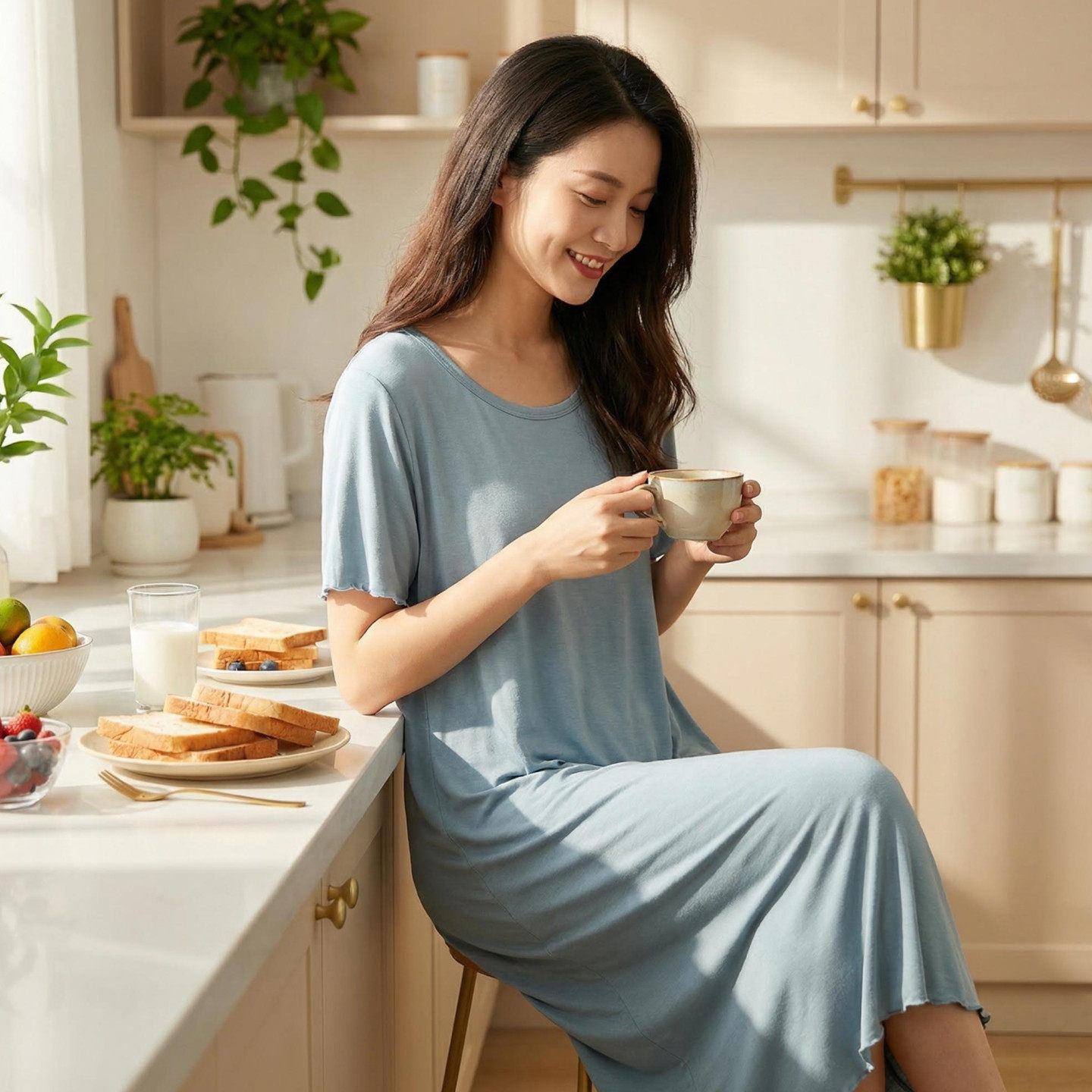 夏季中长款连衣裙莫代尔睡裙女薄款短袖a字裙睡衣家居裙宽松显瘦