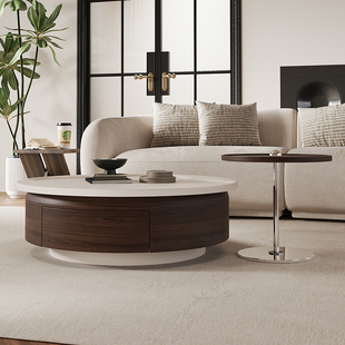 意式极简茶几组合圆形胡桃木皮艺术中古轻奢设计师客厅家用小户型