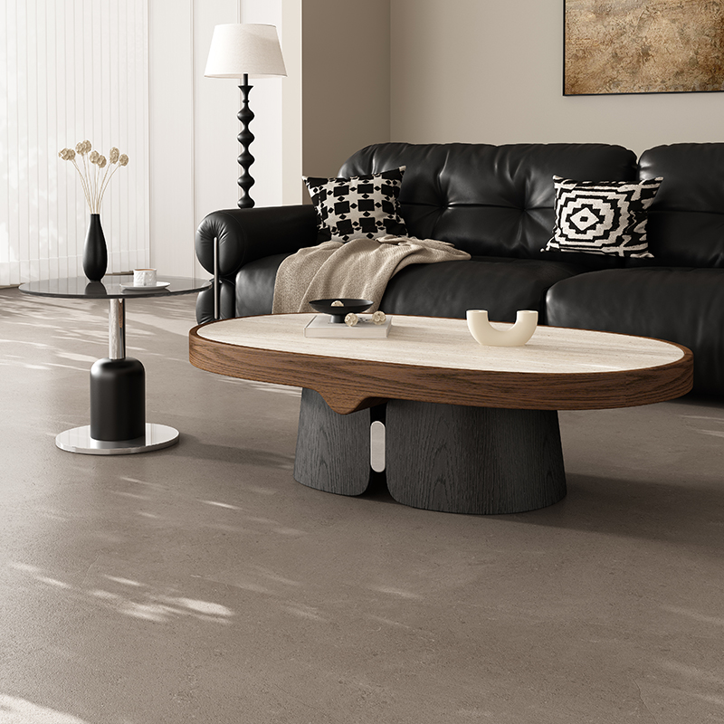 中古风实木茶几组合新款客厅家用小户型轻奢高级感椭圆形洞石茶几