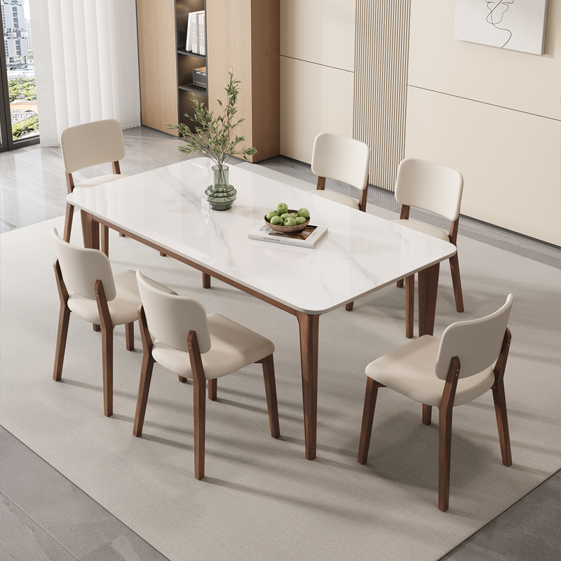 实木岩板餐桌奶油风家用小户型现代简约白色饭桌长方形餐桌椅组合