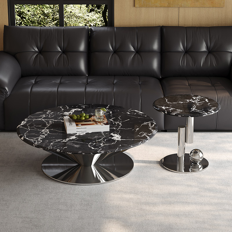 茶几客厅家用意式宝格丽大理石轻奢高级感圆形客厅不锈钢茶几组合