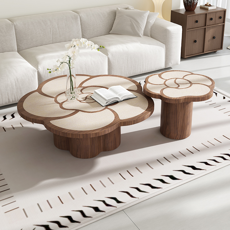 茶几客厅家用山茶花法式奶油风2025款茶几复古小户型实木茶几组合