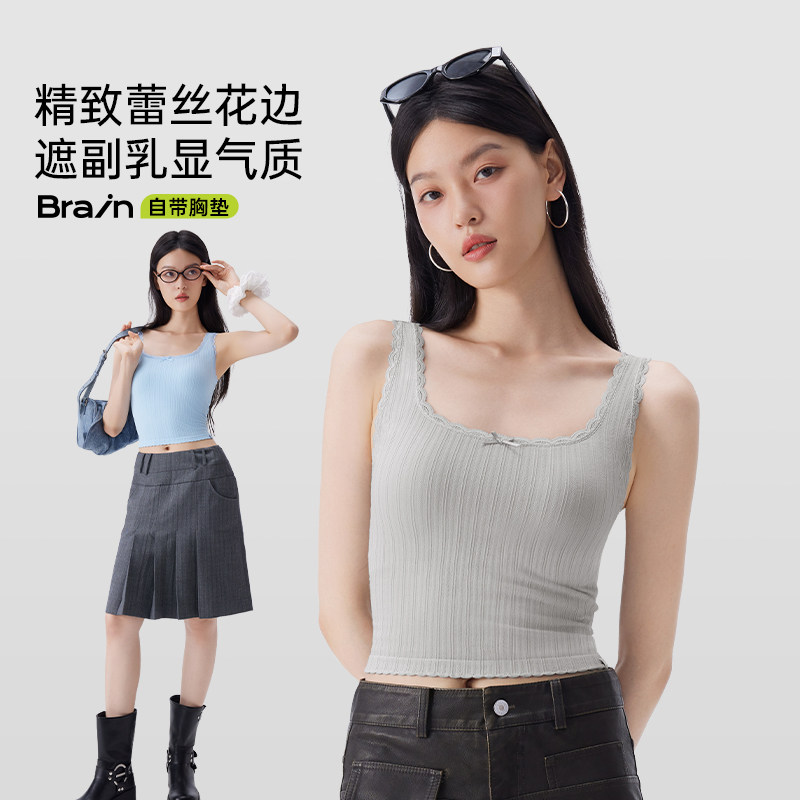 【限时3倍补】半练带胸垫背心女上衣吊带外穿美背夏白色蕾丝纽扣